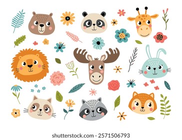 cute animals faces and pretty flowers. Plants and baby lion, bunny, deer and racoon heads, funny fauna portraits, cartoon cubs, vector set