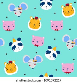 Cute animals faces seamless pattern. Vector hand drawn illustration.