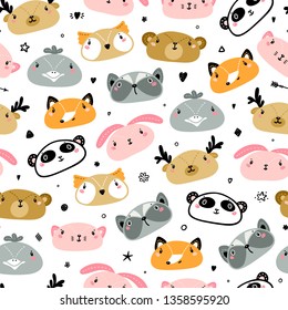 Cute Animals Faces Seamless pattern. Doodle Cartoon Animal Heads. Vector Background for Kids Fashion Design