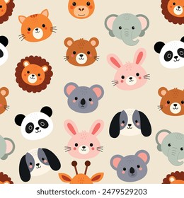 Cute animals faces,Giraffe,lion,elephant,bear, koala,cat,dog,rabbit,panda on white blackgound,Designs for newborn,baby or children's textile,fabric, children clothing,childish Seamless pattern vector