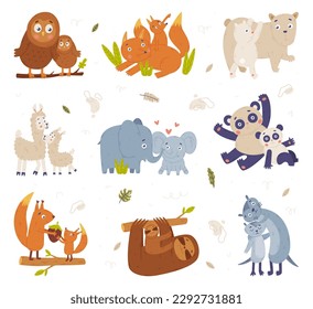 Cute animals families set. Polar bear, fox, squirrel, sloth, owl, badger parents and their babies. Happy parenthood cartoon vector illustration