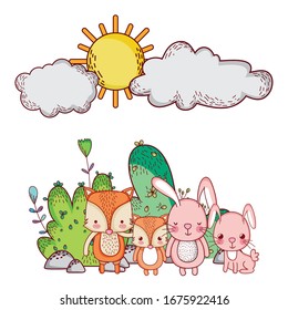 cute animals, family foxes and rabbits nature foliage sun cartoon vector illustration