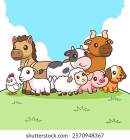 Cute Animals Farm Together On Hill Cartoon Vector Icon 
Illustration. Animal Nature Icon Concept Isolated Premium 
Vector. Flat Cartoon Style 