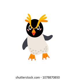 Cute animals - Fiordland crested penguin. Illustrations for children. Baby Shower card. Cartoon character bird isolated on white background. South Pole animal wildlife