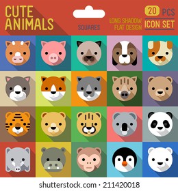 Cute animals flat long shadow square icon set. Vector trendy illustrations.