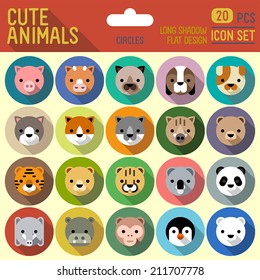 Cute animals flat long shadow circle icon set. Vector trendy illustrations.