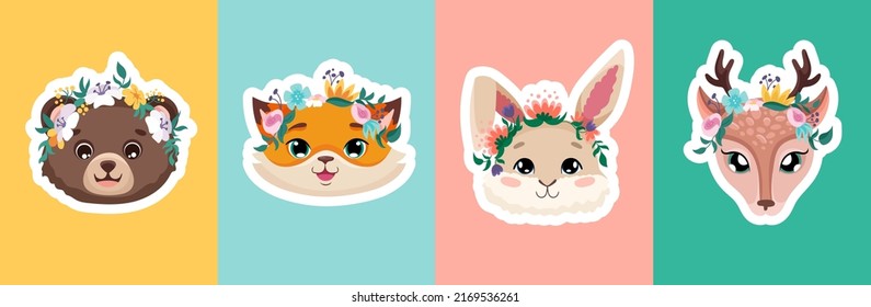 Cute animals with flower crowns poster set for baby shower invitations, template, birthday greeting cards, nursery flyers design. Vector cartoon illustration for children