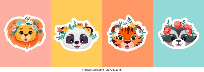 Cute animals with flower crowns poster set for baby shower invitations, template, birthday greeting cards, nursery flyers design. Vector cartoon illustration for children