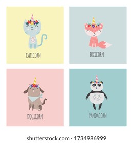 Cute animals with flower crowns and unicorn horns - children greeting card set with cartoon cat, fox, dog and panda bear wearing headdress decorations. Flat isoalted vector illustration.