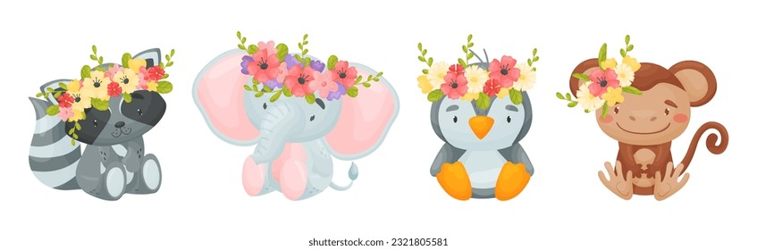 Animales cortos con flores y adorno en su vector de cabeza