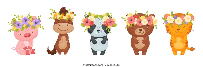 Animales cortos con flores y adorno en su vector de cabeza