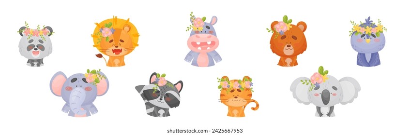 Cute Animals with Flower Wreath and Crowns on Head Vector Set