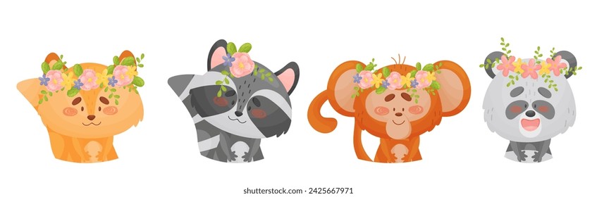 Cute Animals with Flower Wreath and Crowns on Head Vector Set