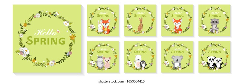 Cute animals with flower wreaths. Hello Spring greeting cards, posters, banners set. Hand drawn vector illustration 