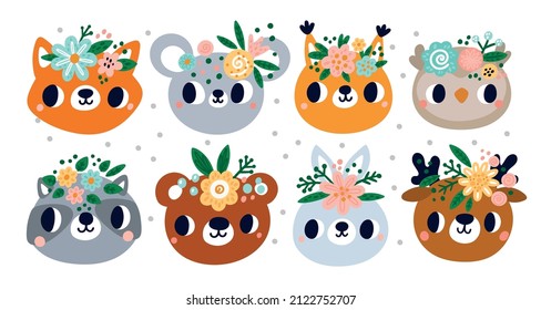 Cute animals in flower wreaths. Muzzles with floral beautiful tiara. Girly nursery theme. Scandinavian icons. Bear or raccoon. Pretty squirrel and hare faces. Vector