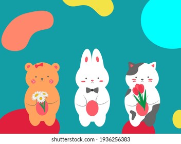 
Cute animals with flowers. Bear, rabbit and cat with tulips and daisies
