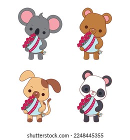 cute animals with flowers bouquet for valentine's day