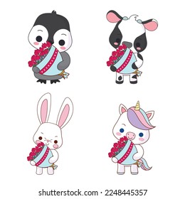 cute animals with flowers bouquet for valentine's day