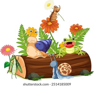 Cute animals and flowers on a log