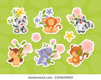 Cute Animals with Flowers on Stalk Vector Sticker Set