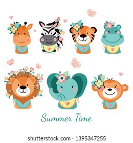 Cute animals with flowers on a white background.  Vector illustrations for nursery design, poster, birthday greeting cards. Lion, zebra, tiger, monkey, hippo, elephant,  giraffe. - Vector