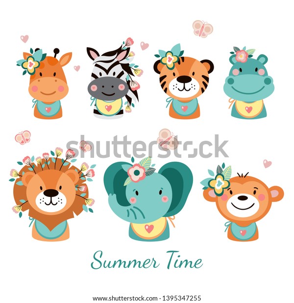 Cute Animals Flowers On White Background: vector de stock (libre de ...