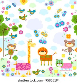 cute animals and flowers seamless background