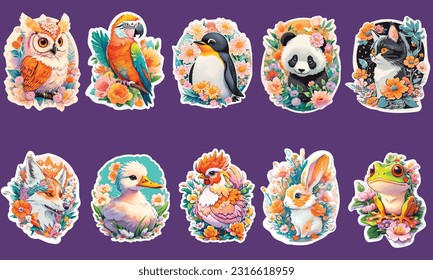 A cute animals in flowers vector collection sticker