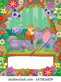 cute animals with flowers and wood blank sign in the forest. vector