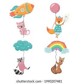 Cute animals fly in balloons. Joyful pets characters flies. First pet for children. Cute vector cartoon illustration on white background