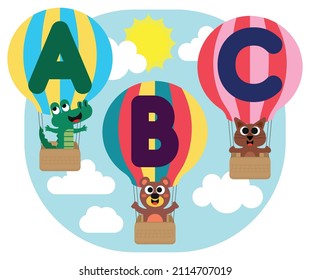 Cute animals fly in letter written balloons