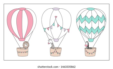 Cute animals fly on balloons. Lion, giraffe and zebra.  Great for kids apparel, nursery decoration. Vector Illustration