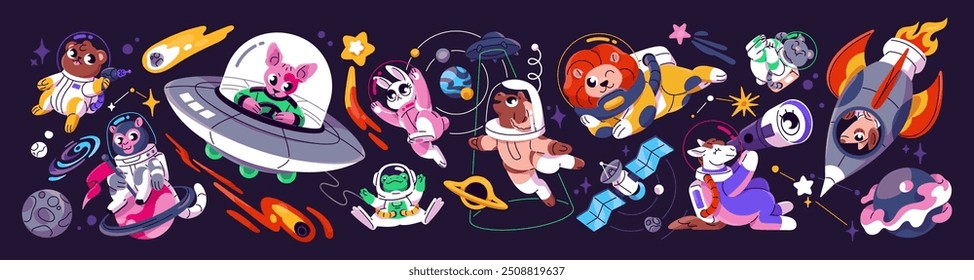 Cute animals fly in outer space banner. Kids spacemen are in cosmos. Funny astronauts in rockets in outerspace adventures. Characters in spacesuits spacewalk between planets. Flat vector illustration