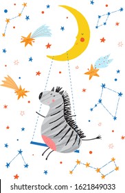 Cute animals fly in space. Funny Zebra is riding the moon. Stars, comets and constellations. Cosmos background. Funny cartoon illustration for kids. Poster for baby.