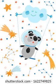 Cute animals fly in space. Funny panda is riding the cloud. Stars, comets and constellations. Cosmos background. Funny cartoon illustration for kids. Poster for baby.