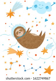 Cute animals fly in space. Funny Sloth hanging on the clouds. Stars, comets and constellations. Cosmos background. Funny cartoon illustration for kids. Poster for baby.