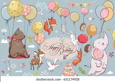 cute animals flying and balloons