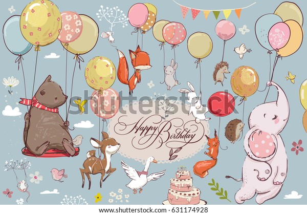 cute animals flying with\
balloons