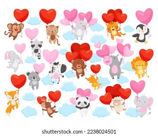 Animales lindos volando con globos en forma de corazón. Ilustración vectorial de la caricatura de Coala, mapache, hippo, panda, oveja, elefante flotando con globos rojos y rosados