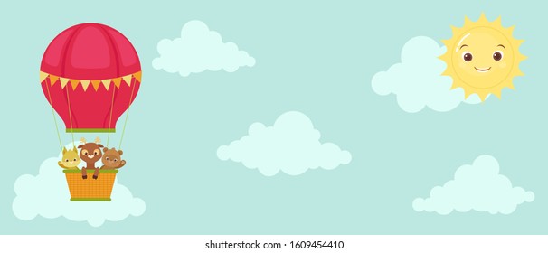 Cute animals flying on air balloon. Squirrel, deer (fawn) and bear having fun in the sky. Children's banner template. Vector illustration