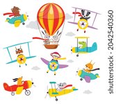 Cute Animals Flying on Airplane and Helicopter Vector Set