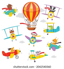 Cute Animals Flying On Airplane And Helicopter Vector Set