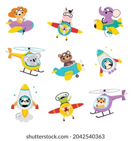 Cute Animals Flying on Airplane and Helicopter Vector Set