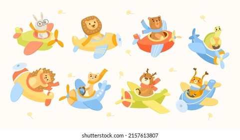 Cute animals flying on airplanes cartoon illustration set. Funny little lion, tiger, bear, cat, bunny, deer, hedgehog, turtle characters on plane or aircraft. Transportation, vehicle, travel concept