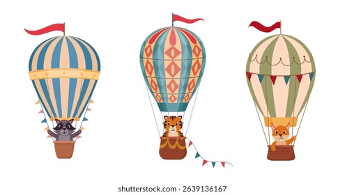 Cute animals flying on hot air balloons. Retro flying hot air balloon with animals on board flat vector illustration set. Animal characters flying on air transport