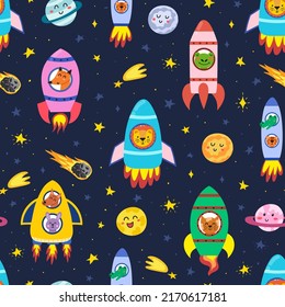 Cute animals flying in rockets seamless pattern. Background for kids with funny characters travelling in space. Great for fabric and wrapping paper. Vector illustration