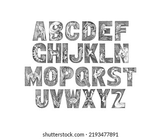 Cute Animals Font for kids. Decorative ancient alphabet. Vintage characters typeface. Double exposure Editable and layered. Kangaroo, octopus. Hand drawn Vector modern antique letters. Graphic ABC