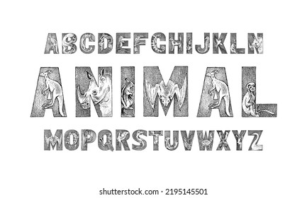 Cute Animals Font for kids. Decorative ancient alphabet. Vintage characters typeface. Double exposure Editable and layered. Kangaroo, octopus. Hand drawn Vector modern antique letters. Graphic ABC