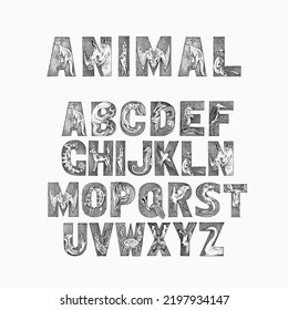 Cute Animals Font for kids. Decorative ancient alphabet. Vintage characters typeface. Double exposure Editable and layered. Kangaroo, octopus. Hand drawn Vector modern antique letters. Graphic ABC zoo