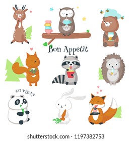 Cute animals with food and drink icon set. Vector illustration of funny hedgehog fox bear squirrel owl raccoon rabbit deer and panda eating their favourite food isolated on white background.